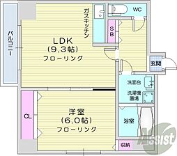 レフィナード北12条 6階1LDKの間取り