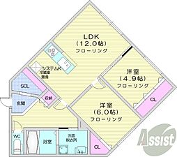札幌市営東西線 西28丁目駅 徒歩4分の賃貸アパート 1階2LDKの間取り