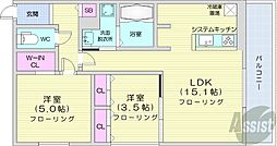 札幌市営東豊線 月寒中央駅 徒歩1分の賃貸マンション 3階2LDKの間取り