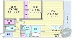 札幌市営東豊線 月寒中央駅 徒歩1分の賃貸マンション 5階2LDKの間取り