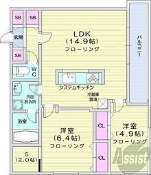 札幌市営東西線 バスセンター前駅 徒歩11分の賃貸マンション 3階2LDKの間取り