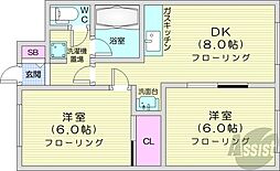 クレイドル元町 2DKの間取図画像
