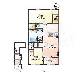 城陽市寺田中大小アパート 2LDKの間取図画像