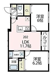ベルズ鹿島田 2階2LDKの間取り