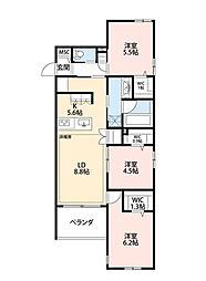 JR総武線 稲毛駅 徒歩11分の賃貸マンション 2階3LDKの間取り