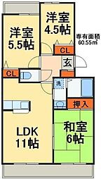 花見川ガーデンハイツ 2階3DKの間取り