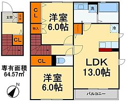セジュール弐番館 2LDKの間取図画像