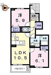 JR徳島線 徳島駅 バス13分 北島田一丁目下車 徒歩9分の賃貸アパート 1階2LDKの間取り