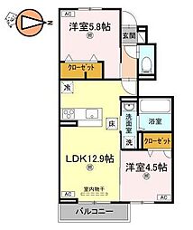 徳島市南田宮一丁目アパート 2LDKの間取図画像
