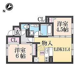 ベルフルール 1階2LDKの間取り