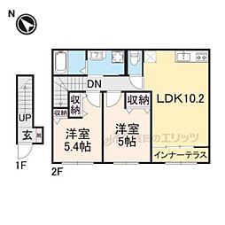 近江鉄道近江本線 高宮駅 徒歩2分の賃貸アパート 2階2LDKの間取り