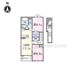 JR草津線 三雲駅 5kmの賃貸アパート 2階2LDKの間取り