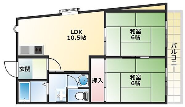 オークハイツ ｜大阪府門真市古川町(賃貸マンション2LDK・3階・48.41㎡)の写真 その2