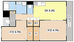 シャイニング壱番館 3階2DKの間取り
