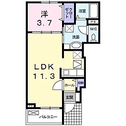 サウス　ウェルズIII 1階1LDKの間取り