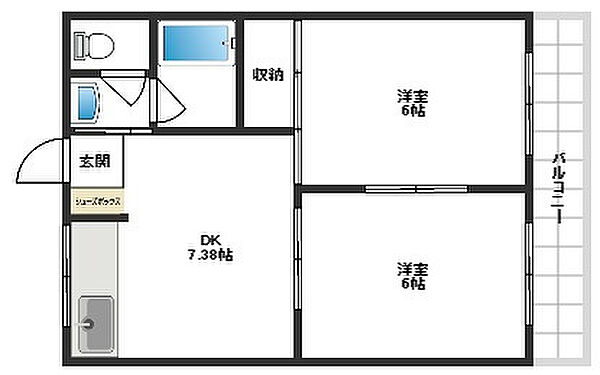 サンワロイヤルマンション 305｜大阪府高槻市栄町3丁目(賃貸マンション2DK・3階・40.50㎡)の写真 その2