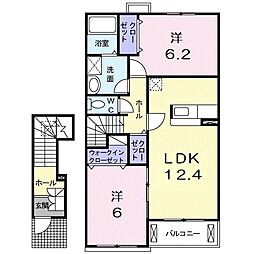 近江鉄道近江本線 八日市駅 徒歩20分の賃貸アパート 2階2LDKの間取り