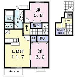 JR東海道・山陽本線 南彦根駅 3.3kmの賃貸アパート 2階2LDKの間取り