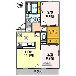 JR草津線 手原駅 徒歩23分の賃貸アパート 1階2LDKの間取り