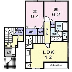 近江鉄道近江本線 高宮駅 徒歩12分の賃貸アパート 2階2LDKの間取り