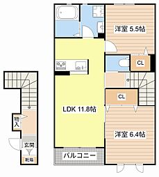JR東海道・山陽本線 南彦根駅 徒歩18分の賃貸アパート 2階2LDKの間取り