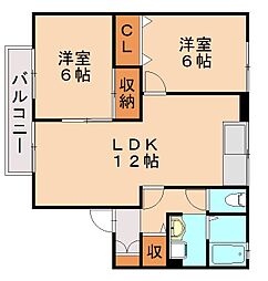 セジュールやつえ A棟 1階2LDKの間取り