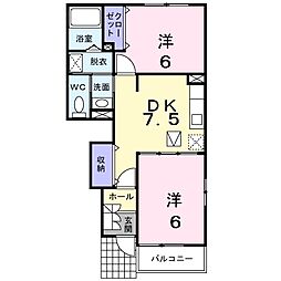 フォンテーヌ 1階2DKの間取り