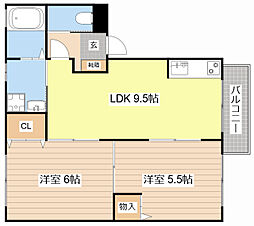 サンライズフジ 2階2DKの間取り