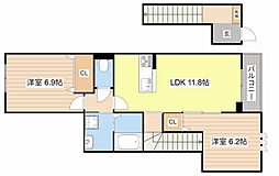 JR北陸本線 長浜駅 徒歩15分の賃貸アパート 2階2LDKの間取り