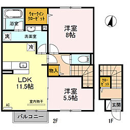 JR北陸本線 長浜駅 3.3kmの賃貸アパート 2階2LDKの間取り