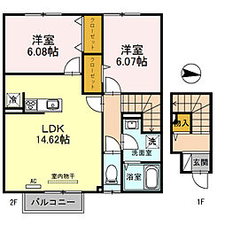 JR東海道・山陽本線 米原駅 徒歩10分の賃貸アパート 2階2LDKの間取り