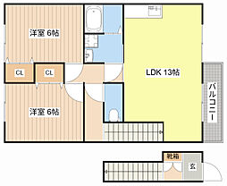 サンガーデン甲賀 B201 2階2LDKの間取り