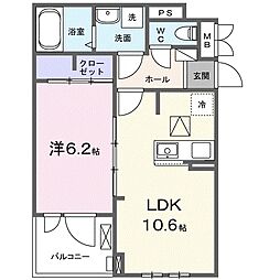 フルール彦根 2階1LDKの間取り