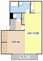 グリーンタウンE棟 2階1LDKの間取り