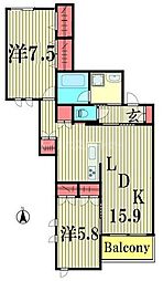 グランウェスト 4階2LDKの間取り