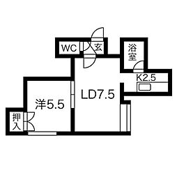 KSハイツ北11条 2階1LDKの間取り