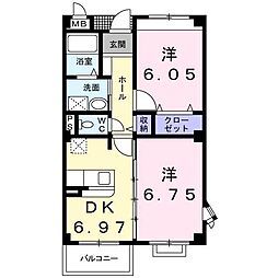 サニーセトル弐号館 2DKの間取図画像