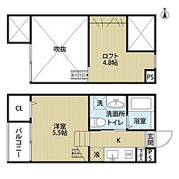 フェリオ平安通 2階1Kの間取り