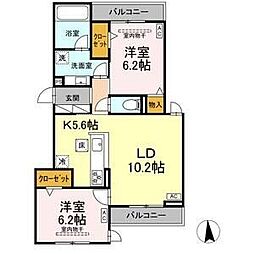 ヴィラパルム 101 1階2LDKの間取り