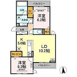 JR中央本線 勝川駅 徒歩8分の賃貸アパート 3階2LDKの間取り