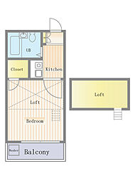 シンセイ2号棟 2階ワンルームの間取り
