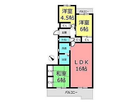 LDK16帖のゆとりある空間に各居室が配置された機能的な間取り図です!洋室や和室がバランスよく備わり、ライフスタイルに合わせて多彩に活用できます。収納スペースも豊富で日々の暮らしが快適です!