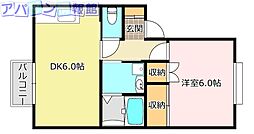 プランタン石沢2 1DKの間取図画像