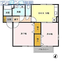 アクアグレイスA 2DKの間取図画像