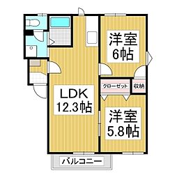 ジュネス砥川 2階2LDKの間取り