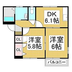 ディアス　サンライト　A 2階2DKの間取り