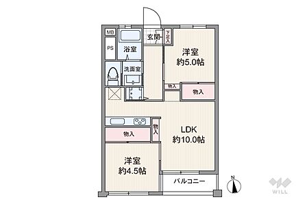 間取りは専有面積45.36平米の2LDK。バルコニー面積は2.9平米です。