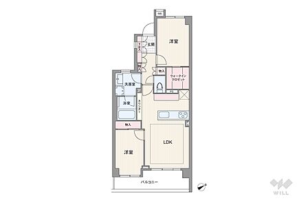 間取りは専有面積55.98平米の2LDK。バルコニー面積は8.55平米です。