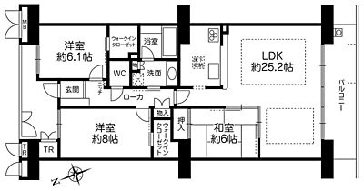 間取り：南向きバルコニーに面したLDKは、広々約25.2帖！LD部分に床暖房が搭載され、寒い季節も快適に過ごせます。2ヶ所のWICのほか、床下収納や廊下収納など、豊富な収納スペースが備わっています。