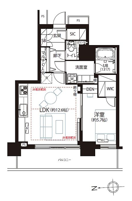 1LDK、専有面積47.91m2、バルコニー面積9.9m2 【間取り図】